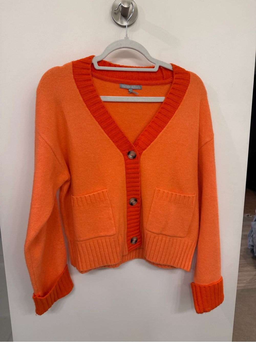 Orange V-Neck Pocket Cardigan Sweater - Oliver Bonas
